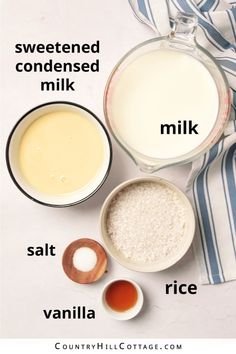 ingredients needed to make homemade vanilla ice cream on a white background with blue and white stripes