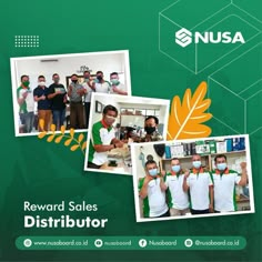 a group of people wearing masks and standing in front of a green background with the words reward sales distributor