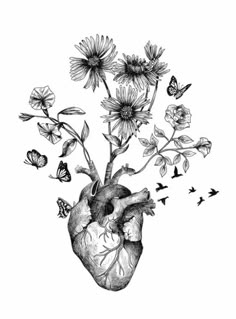 a drawing of a heart with flowers and butterflies flying around