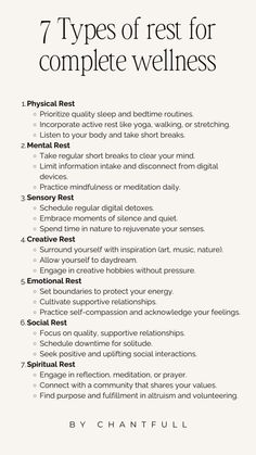 Exploring the 7 Types of Rest for Complete Wellness Types Of Healing, Types Of Health, Emotional Rest Ideas, Types Of Vibes, Seven Types Of Rest, Rest Ideas, Emotional Rest, Steps To Healing, Types Of Wellness