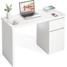 Ebern Designs Armillac Computer Desk & Reviews | Wayfair Small Desk For Bedroom, Work Desk Home Office, White Desk With Drawers, Small Bedroom Desk, Desk For Bedroom, Computer Desk With Drawers, White Home Office, Desk Workstation, Table For Bedroom