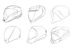 six different types of helmets drawn in pencil