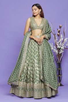 Buy Shyam Narayan Prasad Yellow Silk Embroidered Lehenga Set Online | Aza Fashions Banarsi Dress, Neha Mehta, Lehenga Green, Mehendi Outfit, Kurta Palazzo Set, Wedding Lehenga Designs, Dresses Traditional, Green Lehenga, Red Lehenga