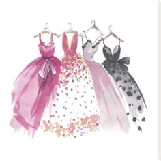 three dresses hanging on a clothes rack with polka dots and pink, purple, black and white colors