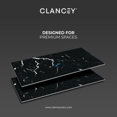 two black and white marble coasters with the words clancey designed for premium spaces