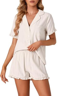 Vrtige Women's 2 Piece Pajamas Set Button Down Short Sleeve Top and Shorts PJs Set Sleepwear Solid Beige X-Large at Amazon Women’s Clothing store Shorts Pjs, Pjs Set, Solid Beige, Cotton Pajamas, Button Down Short Sleeve, Cotton Pajama Sets, Elastic Waist Shorts, Pajamas Set, Cotton Pyjamas