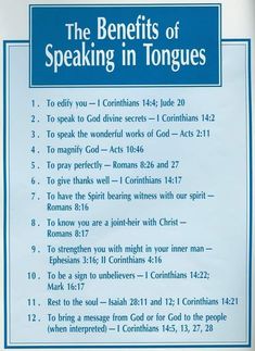 the benefits of speaking in tongues sign posted on a wall with blue lettering and white background