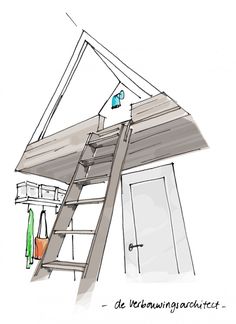 a drawing of a ladder leading up to the top of a building with bottles hanging from it