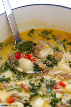 a ladle full of soup with meat and vegetables