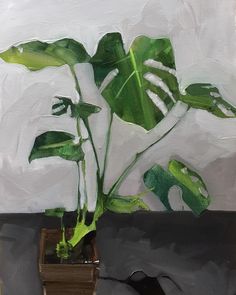 a painting of a green plant in a brown pot on a white wall with grey background