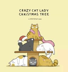 a group of cats sitting on top of a wooden table with the caption crazy cat lady christmas tree