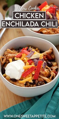 two bowls filled with chicken enchilada chili