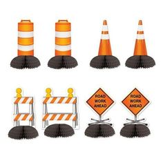 construction cones and road signs are shown in this set