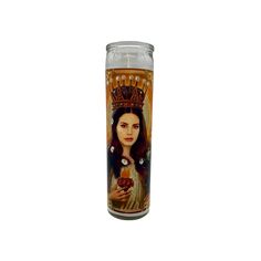 a candle with an image of a woman wearing a crown on it's head