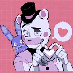 a cartoon character holding a cell phone in front of a pink background with an animal on it