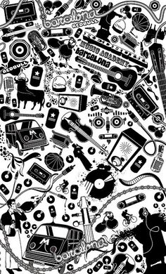 a black and white drawing of various things in the shape of a circle on a white background