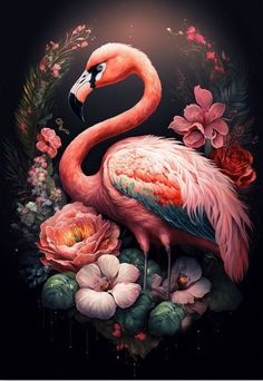 a painting of a flamingo surrounded by flowers and leaves on a black background with pink roses