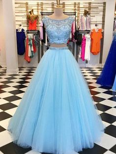 Blue A Line Round Neck Two Pieces Beading Tulle Long Prom Dresses, Two Pieces Blue Formal Dresses, Blue Evening Dresses Short Sleeve Prom Dresses, Prom Dress Blue, Two Piece Prom, Blue Prom Dress, Color Celeste, Marine Uniform, Tulle Evening Dress, Blue Dress Formal, Beaded Tulle