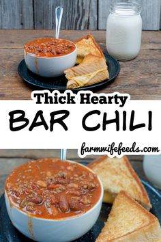 a bowl of thick hearty bar chili next to a plate with grilled cheese