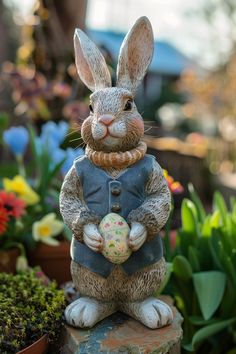 a statue of a rabbit holding an easter egg