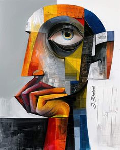 a painting of a person's face with different colors and shapes