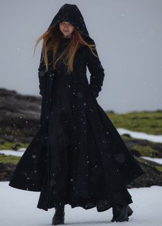 Black Coat With Hood, Edwardian Coat Women, Black Hooded Dress, Black Wool Coat Women, Wardrobe Detail, Wool Maxi Coat, Black Hooded Coat, Black Dress Coat, Hooded Wool Coat