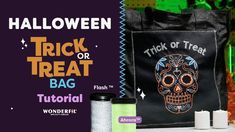 a trick or treat bag with spools of thread and an image of a skull on it