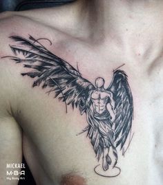 a man with an angel tattoo on his chest