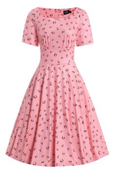 Front view of Cherry Print 50s Style Dress in Pink 1960s Dresses, 1950’s Fashion, 50s Fashion Dresses, Short Sleeved Dress, 50s Style, Vintage Inspired Fashion, Pink Cherry, Red Cherry, Cherry Print