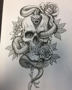 a drawing of a skull and snake with roses