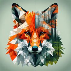 an image of a fox made out of geometric shapes with trees and grass in the background