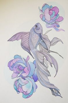 a drawing of a fish and some flowers