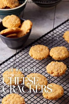 some cookies are cooling on a rack with the words ice krispie cheese crackers