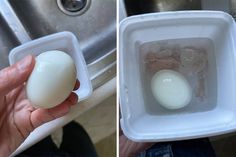 an egg in a plastic container is shown before and after it has been boiled up