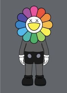 a cartoon character with a rainbow colored flower on his head, standing in front of a gray background