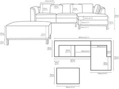 a drawing of a sectional couch and ottoman with the measurements for each piece in it