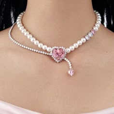 Pearl Necklace-Korean Luxury Pink Heart Crystal Pendant Necklace For Women Girls Elegant Pearl Beads Choker Party Jewelry Gifts Shape\pattern: Heart Occasion: Party Necklace Type: Pendant Necklaces Metals Type: Zinc alloy Material: CRYSTAL Item Type: Necklaces Gender: Women Fine or Fashion: Fashion Chain Type: Strand Heart Shaped Necklace, Heart Cake, Pearl Choker Necklace, Girly Accessories, Fancy Jewellery, Cute Accessories, Sweet Heart, Fancy Jewelry, Pretty Jewelry