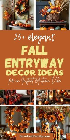 fall entryway decor idea with pumpkins, leaves and other decorations on the table