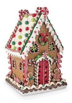 a gingerbread house is decorated with candy canes