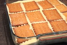 a pan filled with crackers sitting on top of a counter