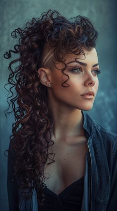 Undercut With Curly Hair For Women, Long Curly Mohawk, Long Haircut For Curly Hair, Half Shaved Hair Long, Emo Curly Hair, Long Hair To Short Hair Before And After