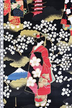 High-quality and comfortable fabric, perfect for all your clothing creations, patchwork, or crafts. The Maiko (Geisha apprentice) motif set during the Hanami 花見 (Sakura blooming) season, featuring Mount Fuji and temples, is printed on a black background. The colors are vibrant with lots of gold, giving it a unique and authentic touch. Come and explore our selection of premium Japanese fabrics. Black Fabric With Traditional Patterns, Traditional Black Fabric With Traditional Patterns, Background Diy, Blue And White Fabric, Japanese Geisha, Japanese Textiles, Japanese Fabric, Black Backgrounds, Printing On Fabric