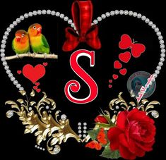 the letter a is surrounded by hearts and birds, with red roses in the foreground