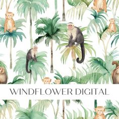 a watercolor painting of monkeys and palm trees with the words windflower digital on it