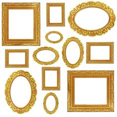 a set of gold frames with ornate designs on the edges and sides, all in different sizes