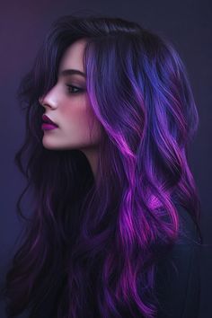 Dark Deep Purple Hair, Purple Hair On Dark Hair, Pink In Black Hair, Dark Brown And Purple Hair, Dark Purple Balayage, Dark Hair Purple Highlights, Brown Hair Purple Highlights, Purple And Black Hair, Dark Purple Highlights