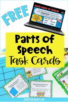 parts of speech task cards with the text, parts of speech task cards on it