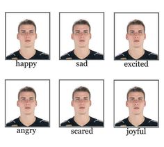 six different facial expressions with the same man's face and name on each one