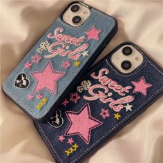 two iphone cases with pink and blue stars on them, one has the word sweet girl written