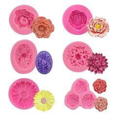 six different types of flower molds in pink and purple, each with flowers on them